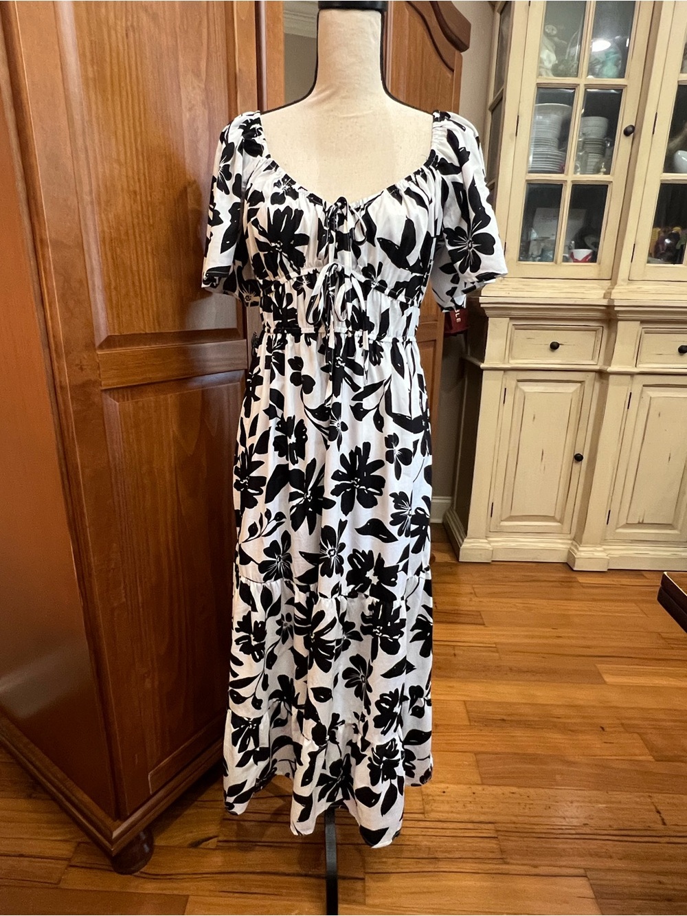 Women's Black & White Floral Maxi Dress with Tie Front